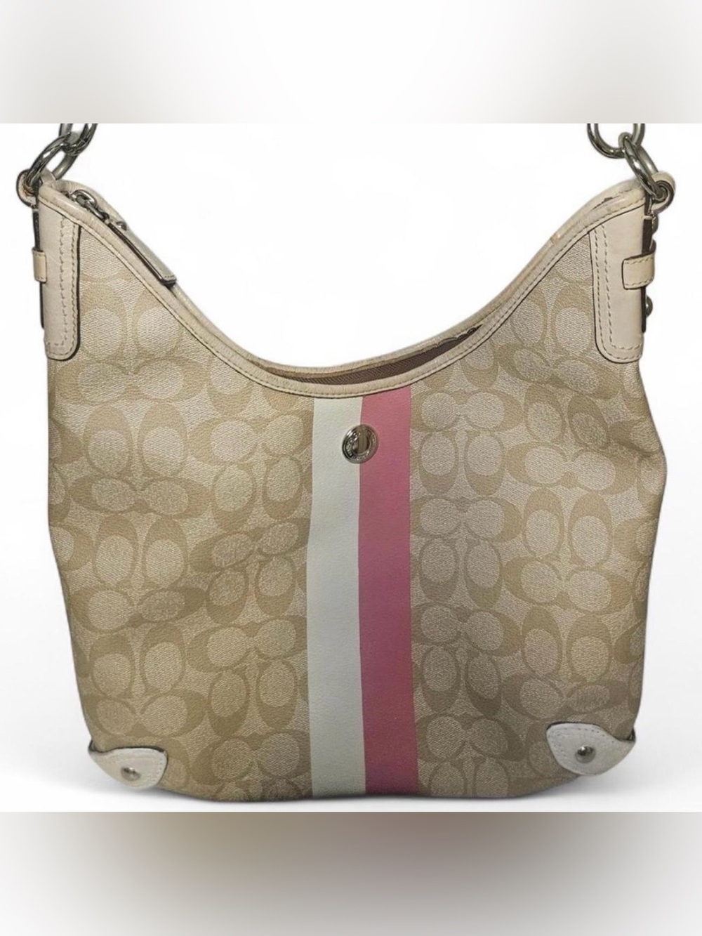 Coach Beige Signature Hobo with Pink and White Center Stripe